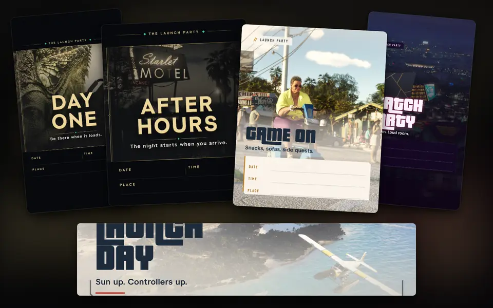Launch Party Pack preview: party invitations, stories and a cinematic poster in Luxury Heist, Neon Heat and Sunbleached Coast