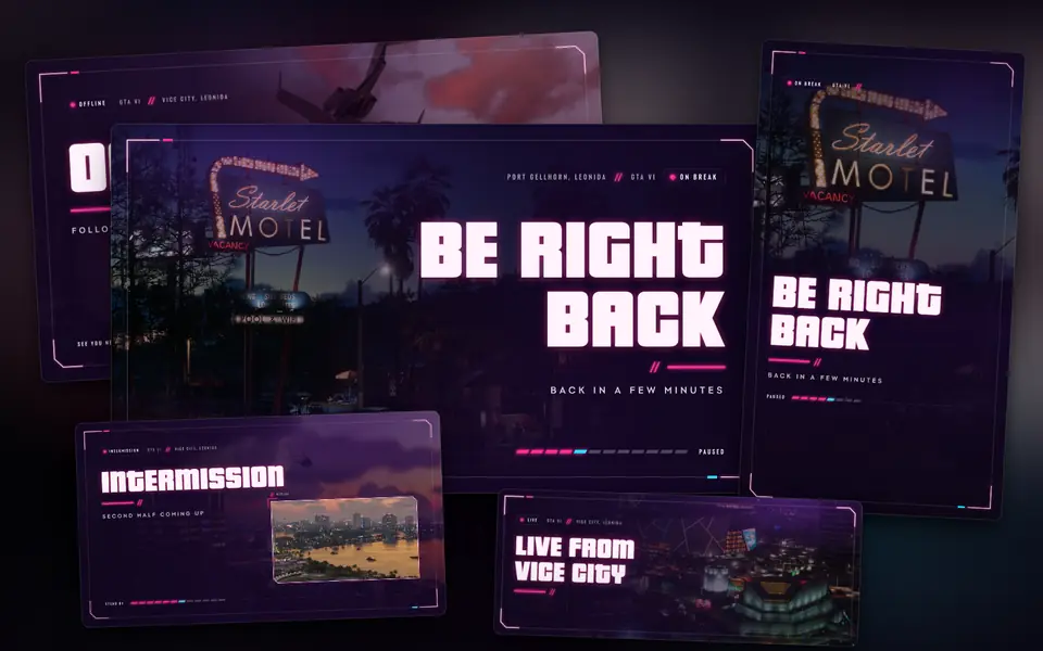 Streamer Pack preview: Be Right Back, Intermission and Offline stream screens, vertical screen and Twitch banner in Neon Heat