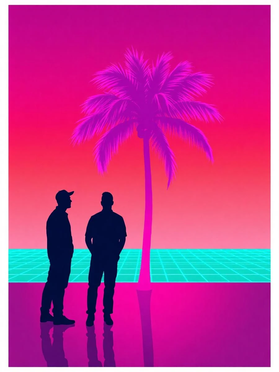 Aperçu poster custom : silhouettes de créateurs sous palmier néon