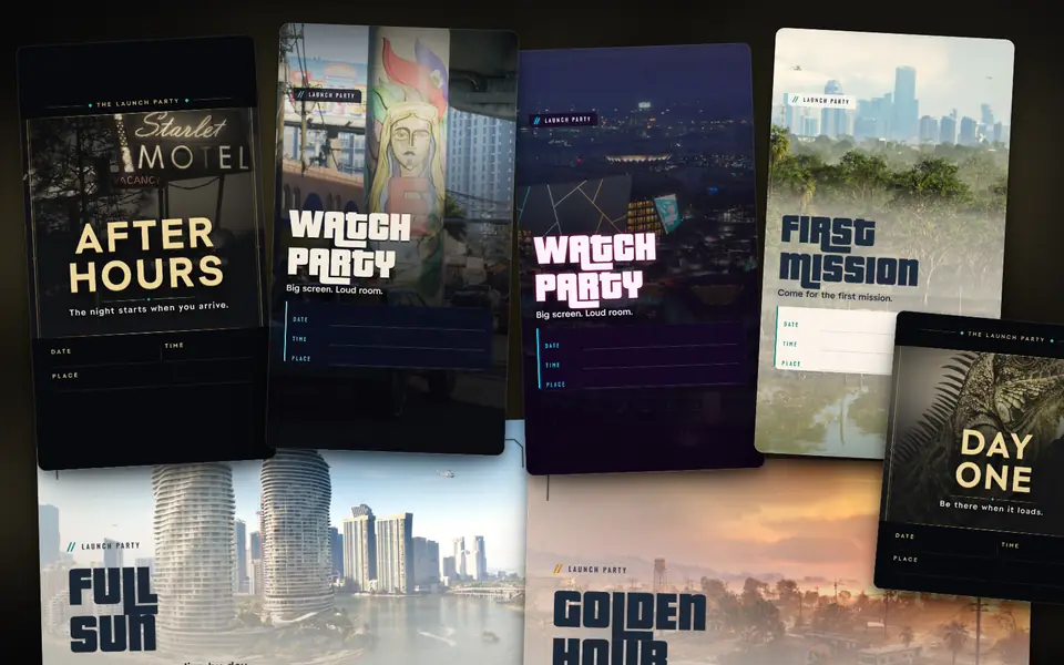 Launch Party Pack contents: invitation posts and stories, countdown-style posters in Luxury Heist, Neon Heat, Vice After Dark and Sunbleached Coast