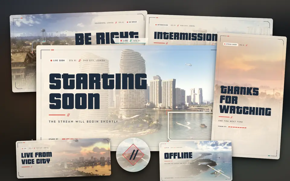 Streamer Pack contents: Starting Soon, Be Right Back, Intermission and Offline screens, webcam frame, vertical screen, banners and profile image in Sunbleached Coast