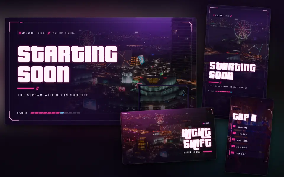 Neon Heat edition: Starting Soon stream screen, vertical screen, YouTube thumbnail and vertical template