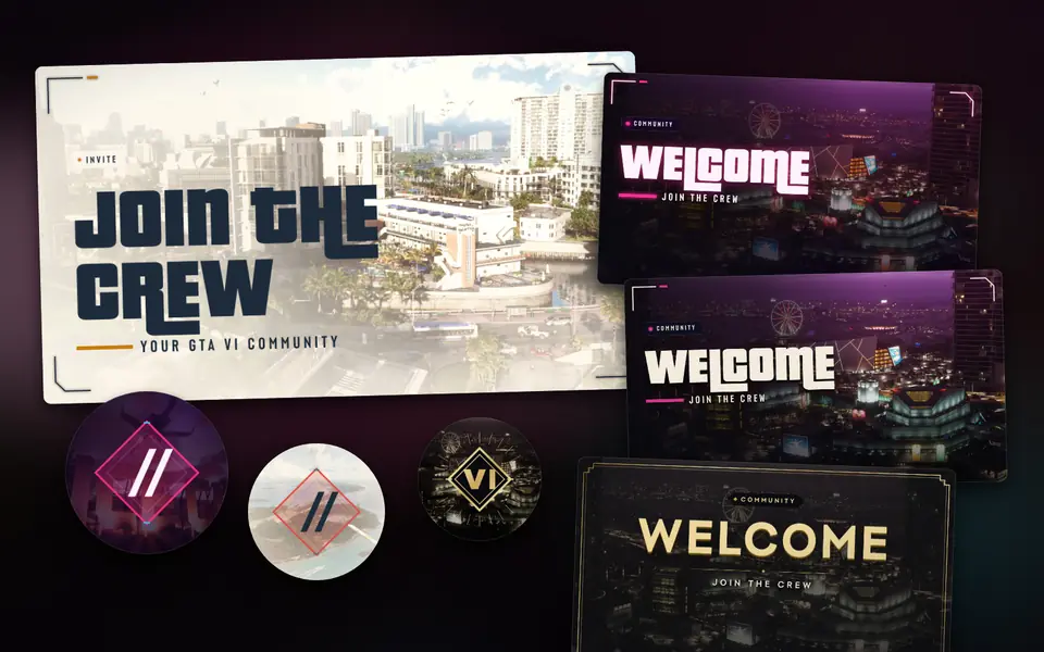 Community and Discord visuals: splash screen, banners and profile images in Sunbleached Coast, Vice After Dark, Neon Heat and Luxury Heist