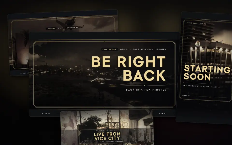 Stream scenes in Luxury Heist: Be Right Back and Offline screens with a webcam frame and a vertical screen