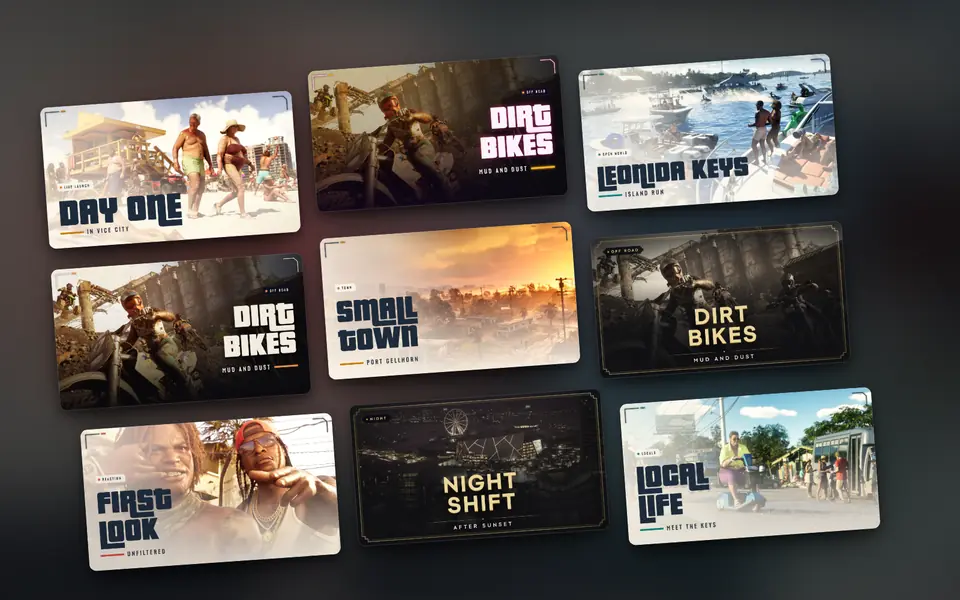 YouTube thumbnails in four editions, Vice After Dark, Neon Heat, Sunbleached Coast and Luxury Heist