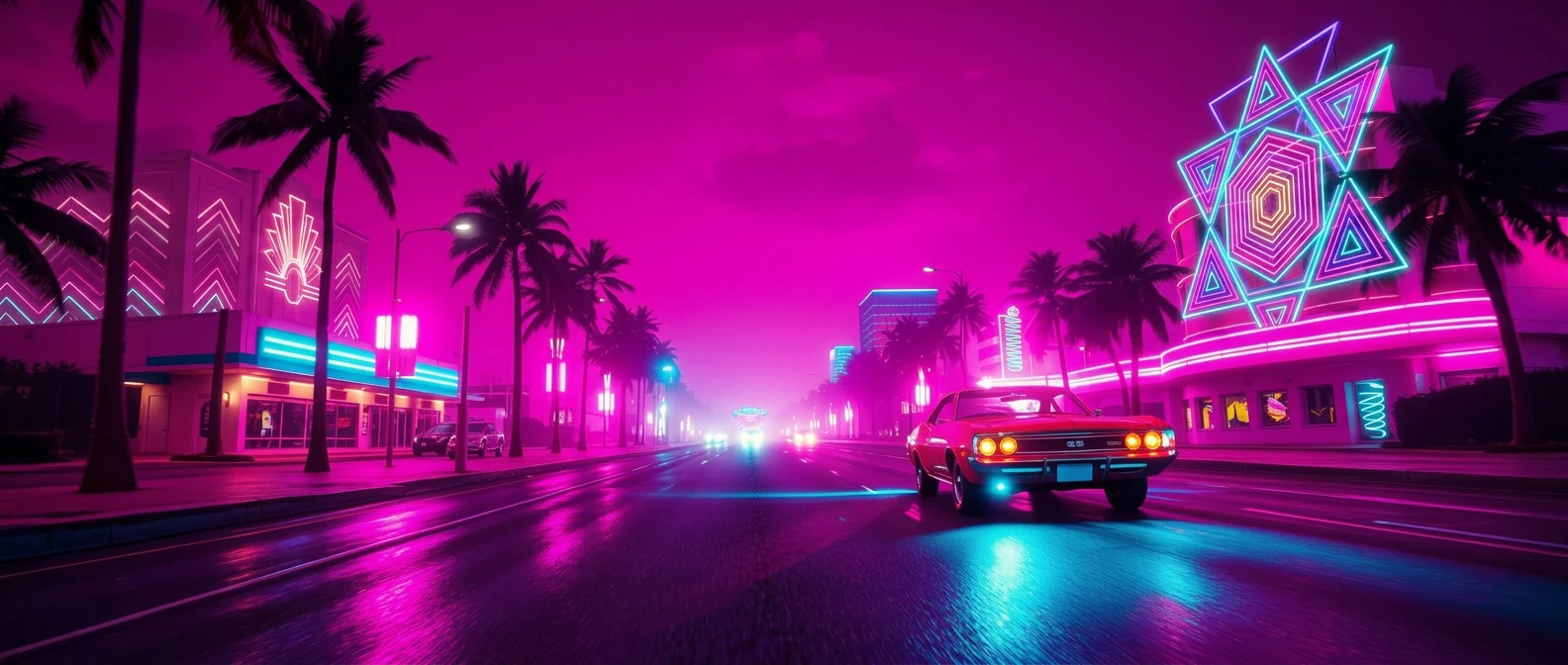Avenue de Vice City la nuit, néons rose et cyan reflétés sur l'asphalte mouillé
