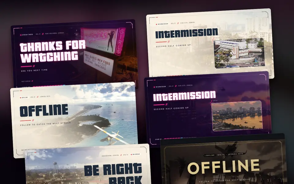 Écrans de stream dans quatre éditions : fin de stream, intermission, be right back et hors ligne